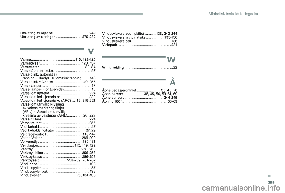 CITROEN JUMPER SPACETOURER 2018  InstruksjonsbØker (in Norwegian) 299
Utskifting av oljefilter..................................... 249
Utskifting av sikringer ........................... 2
79-282
V
Var me ............................................. 115, 12 2-125
