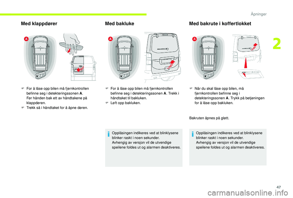 CITROEN JUMPER SPACETOURER 2018  InstruksjonsbØker (in Norwegian) 47
Med klappdørerMed bakluke
Opplåsingen indikeres ved at blinklysene 
blinker raskt i noen sekunder.
Avhengig av versjon vil de utvendige 
speilene foldes ut og alarmen deaktiveres.
F
 
F

or å l