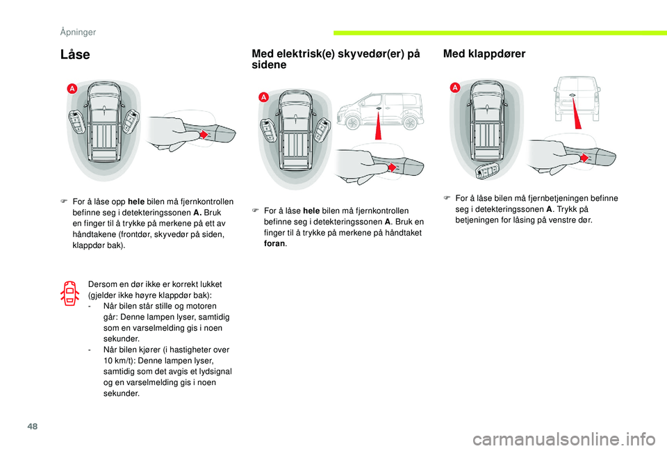 CITROEN JUMPER SPACETOURER 2018  InstruksjonsbØker (in Norwegian) 48
Låse
F For å låse opp hele bilen må fjernkontrollen befinne seg i detekteringssonen A.  Bruk 
en finger til å trykke på merkene på ett av 
håndtakene (frontdør, skyvedør på siden, 
klapp