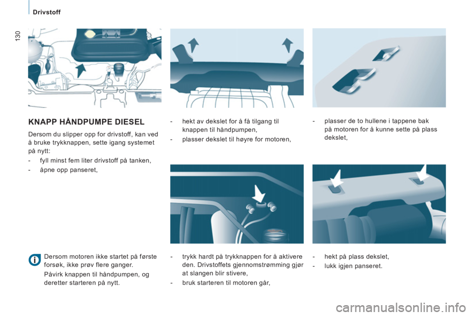 CITROEN JUMPER MULTISPACE 2014  InstruksjonsbØker (in Norwegian) 130
   
 
Drivstoff  
 
KNAPP HÅNDPUMPE DIESEL
 
Dersom du slipper opp for drivstoff, kan ved 
å bruke trykknappen, sette igang systemet 
på nytt: 
   
 
-   fyll minst fem liter drivstoff på tank