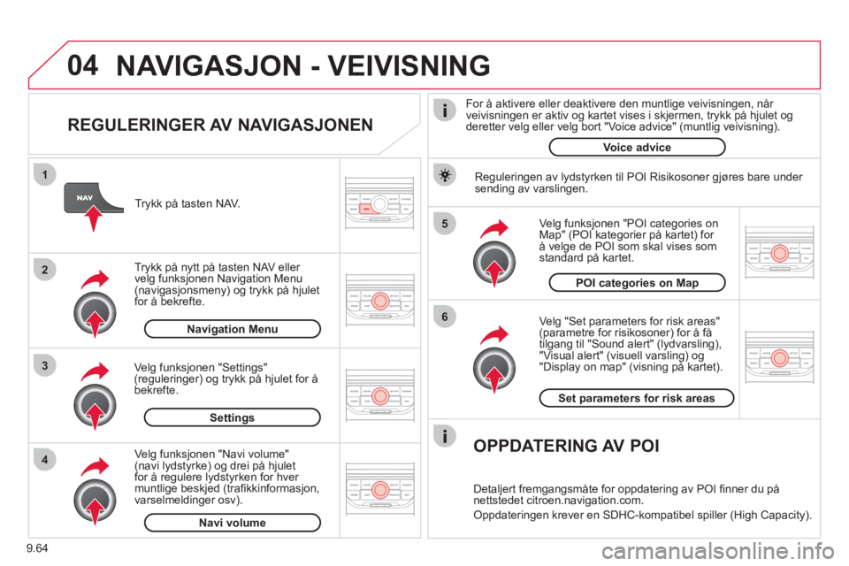 CITROEN JUMPER MULTISPACE 2013 InstruksjonsbØker (in Norwegian) 9.64
04
5
6
3 2 1
4
REGULERINGER AV NAVIGASJONEN
Ve lg "Set parameters for risk areas"(parametre for risikosoner) for å få
tilgang til "Sound alert" (lydvarsling), "Visual alert" (visuell v CITROEN JUMPER MULTISPACE 2013 InstruksjonsbØker (in Norwegian) 9.64
04
5
6
3 2 1
4
REGULERINGER AV NAVIGASJONEN
Ve lg "Set parameters for risk areas"(parametre for risikosoner) for å få
tilgang til "Sound alert" (lydvarsling), "Visual alert" (visuell v