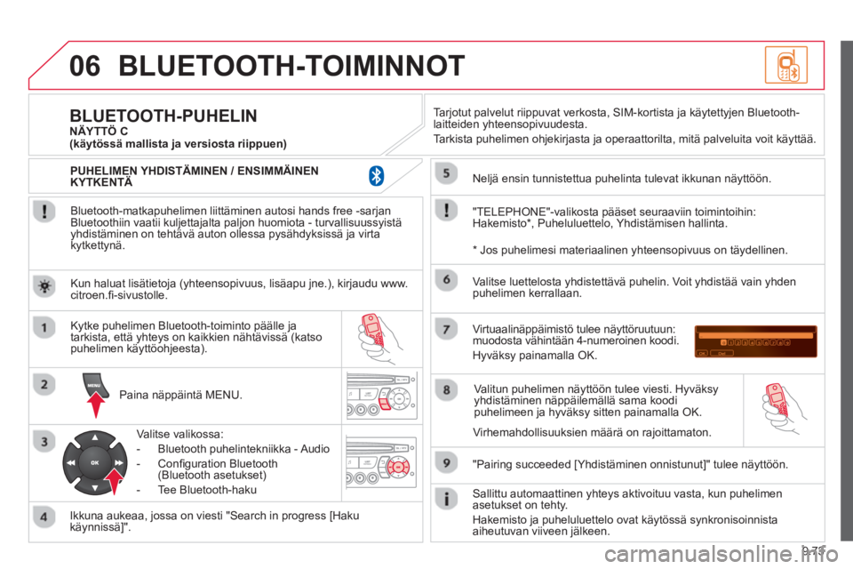 CITROEN BERLINGO ELECTRIC 2015  Omistajan Käsikirjat (in Finnish) 9.73
06BLUETOOTH-TOIMINNOT 
   
Bluetooth-matkapuhelimen liittäminen autosi hands free -sarjan Bluetoothiin vaatii kuljettajalta paljon huomiota - turvallisuussyistäyhdistäminen on tehtävä auton 