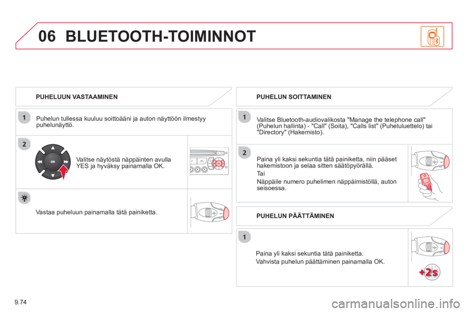 CITROEN BERLINGO ELECTRIC 2015  Omistajan Käsikirjat (in Finnish) 9.74
06
   
PUHELUUN VASTAAMINEN
   
Puhelun tullessa kuuluu soitto
ääni ja auton näyttöön ilmestyypuhelunäyttö.  
   
Valitse näytöstä näppäinten avullaYES ja hyväksy painamalla OK.  
  