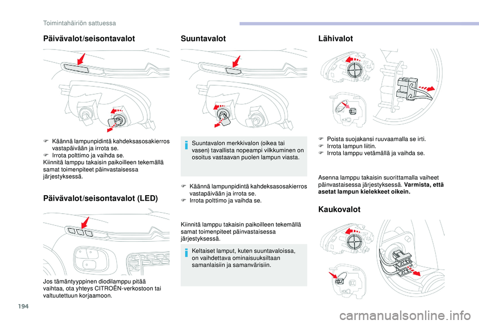 CITROEN C3 AIRCROSS 2019  Omistajan Käsikirjat (in Finnish) 194
Päivävalot/seisontavalot
Päivävalot/seisontavalot (LED)
Jos tämäntyyppinen diodilamppu pitää 
vaihtaa, ota yhteys CITROËN-verkostoon tai 
valtuutettuun korjaamoon. F 
K
 äännä lampunpi