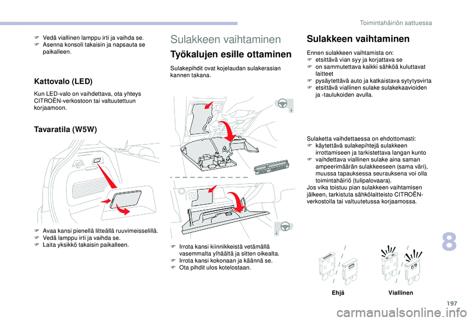 CITROEN C3 AIRCROSS 2019  Omistajan Käsikirjat (in Finnish) 197
Sulakkeen vaihtaminen
Työkalujen esille ottaminen
Sulakepihdit ovat kojelaudan sulakerasian 
kannen takana.
F 
I
 rrota kansi kiinnikkeistä vetämällä 
vasemmalta ylhäältä ja sitten oikealt