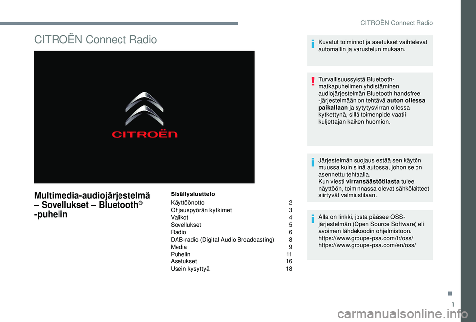 CITROEN C3 AIRCROSS 2019  Omistajan Käsikirjat (in Finnish) 1
CITROËN Connect Radio
Multimedia-audiojärjestelmä 
– Sovellukset – Bluetooth® 
-puhelin
Sisällysluettelo
Käyttöönotto
 2
O

hjauspyörän kytkimet
 3
V

alikot
 4
S

ovellukset   5
Radio