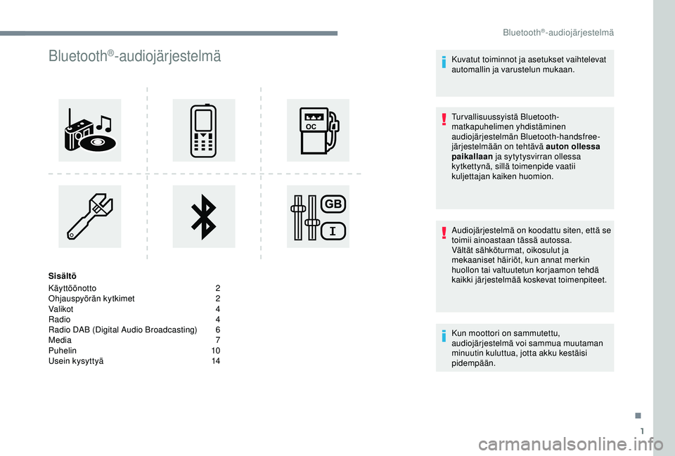 CITROEN C3 AIRCROSS 2019  Omistajan Käsikirjat (in Finnish) 1
Bluetooth®-audiojärjestelmä
Sisältö
Käyttöönotto
 2
O

hjauspyörän kytkimet
 2
V

alikot
 4
R

adio   4
Radio DAB (Digital Audio Broadcasting)
 
6
M

edia   7
Puhelin
 

10
Usein kysyttyä