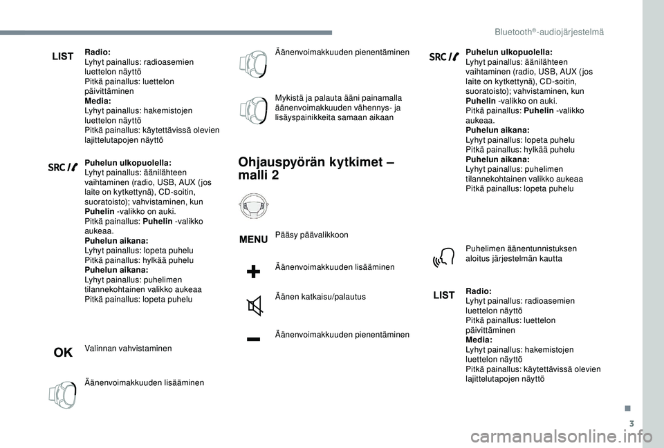 CITROEN C3 AIRCROSS 2019  Omistajan Käsikirjat (in Finnish) 3
Radio:
Lyhyt painallus: radioasemien 
luettelon näyttö
Pitkä painallus: luettelon 
päivittäminen
Media:
Lyhyt painallus: hakemistojen 
luettelon näyttö
Pitkä painallus: käytettävissä olev