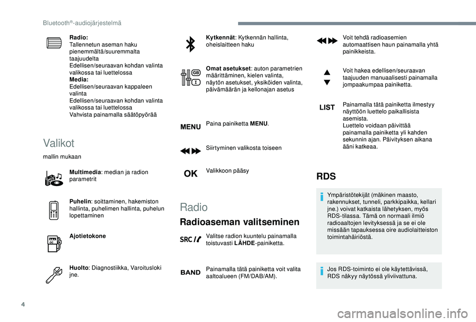 CITROEN C3 AIRCROSS 2019  Omistajan Käsikirjat (in Finnish) 4
Radio:
Tallennetun aseman haku 
pienemmältä/suuremmalta 
taajuudelta
Edellisen/seuraavan kohdan valinta 
valikossa tai luettelossa
Media:
Edellisen/seuraavan kappaleen 
valinta
Edellisen/seuraavan