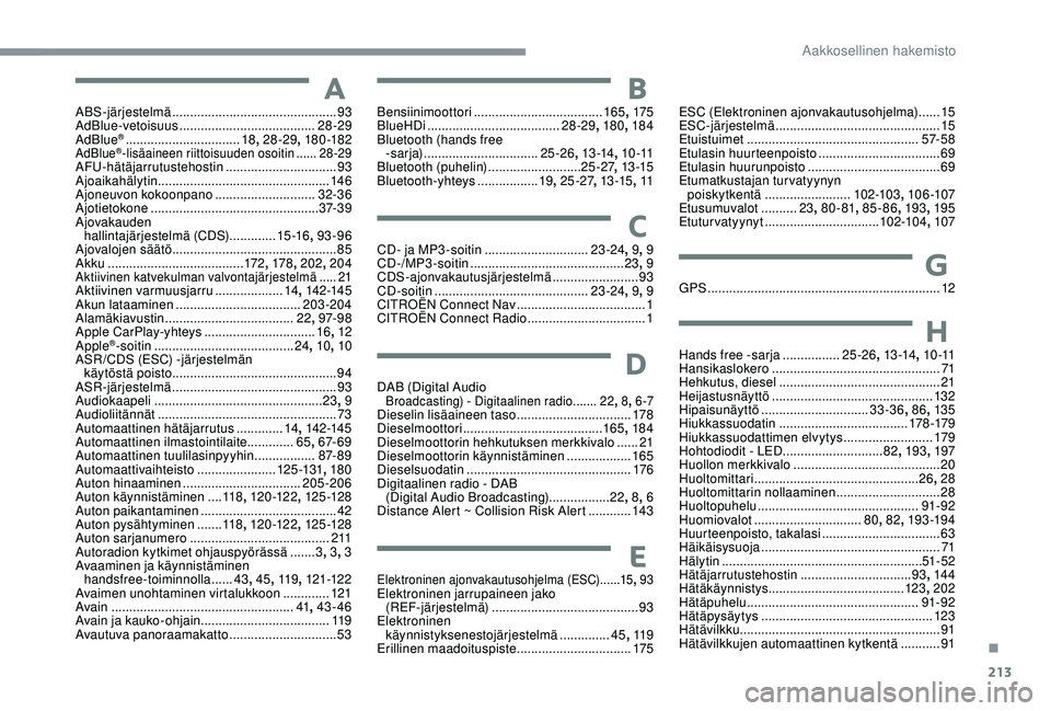 CITROEN C3 AIRCROSS 2019  Omistajan Käsikirjat (in Finnish) 213
AABS-järjestelmä .............................................. 93
AdBlue-vetoisuus  ...................................... 28-29
AdBlue
® ................................ 18,  28-29, 18 0 -182