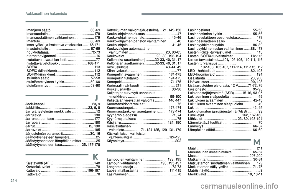 CITROEN C3 AIRCROSS 2019  Omistajan Käsikirjat (in Finnish) 214
IIlmanjaon säätö ......................................... 66-69
Ilmansuodatin  ................................................ 179
Ilmansuodattimen vaihtaminen .....................179
Ilmant