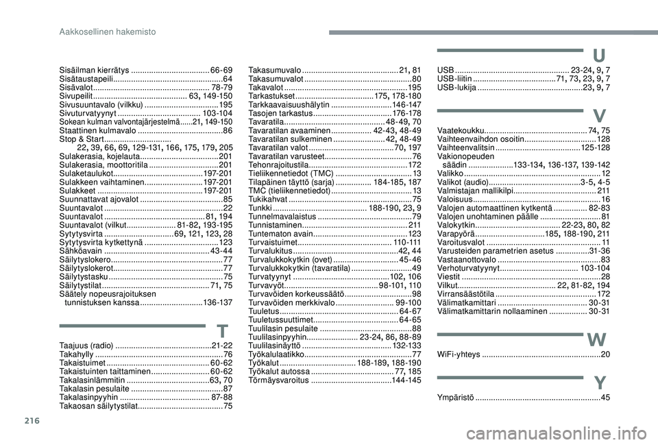CITROEN C3 AIRCROSS 2019  Omistajan Käsikirjat (in Finnish) 216
Sisäilman kierrätys ................................... 66-69
Sisätaustapeili  ................................................. 64
Sisävalot
 

...............................................