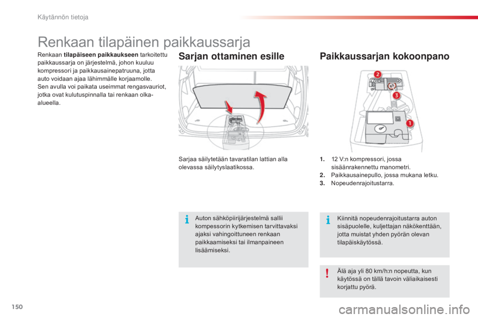 CITROEN C3 PICASSO 2015  Omistajan Käsikirjat (in Finnish) 150
C3Picasso_fi_Chap11_informations-pratiques_ed01-2014
Paikkaussarjan kokoonpano
1. 12  V:n kompressori, jossa 
sisäänrakennettu manometri.
2.
 P

aikkausainepullo, jossa mukana letku.
3.
 N

opeu