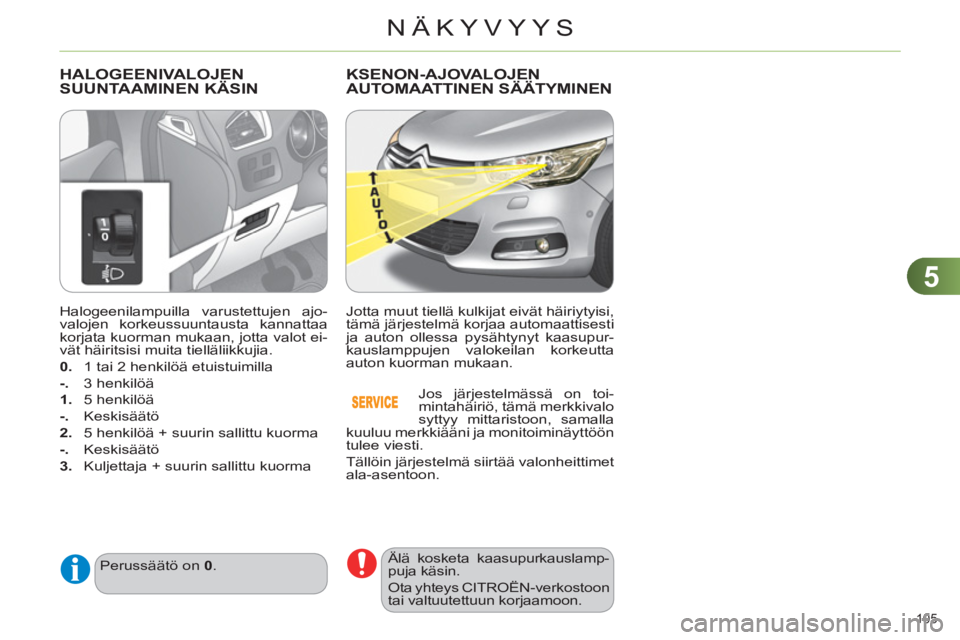 CITROEN C4 2013  Omistajan Käsikirjat (in Finnish) 5
NÄKYVYYS
105 
   
Halogeenilampuilla varustettujen ajo-
valojen korkeussuuntausta kannattaa 
korjata kuorman mukaan, jotta valot ei-
vät häiritsisi muita tielläliikkujia. 
   
0. 
  1 tai 2 henk