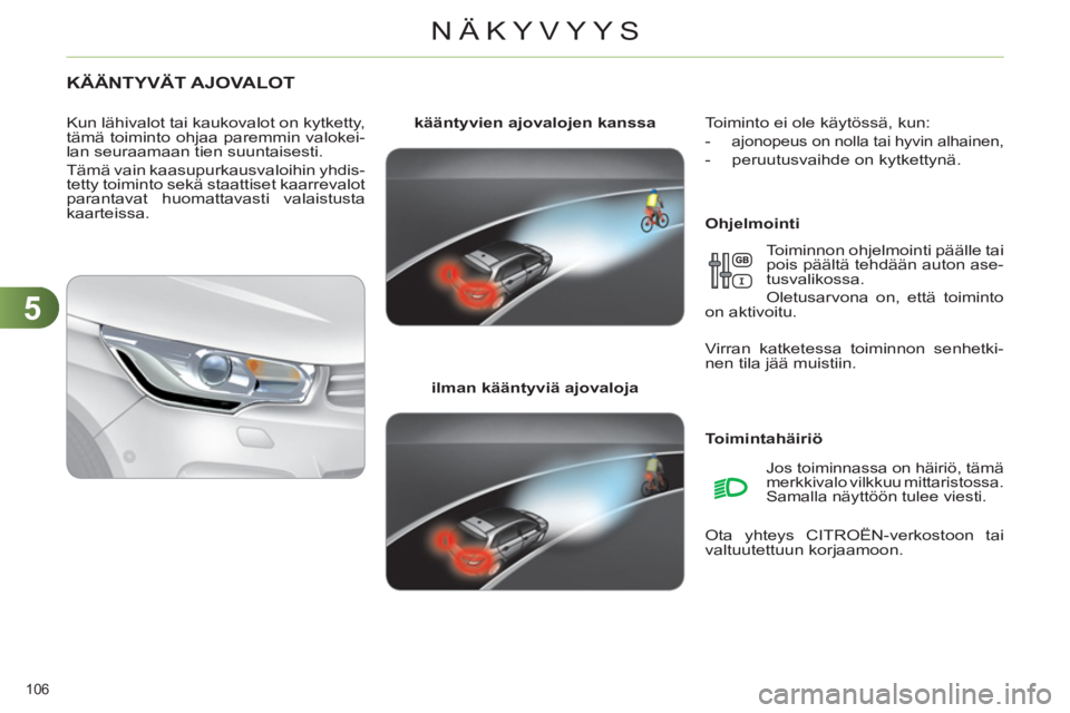 CITROEN C4 2013  Omistajan Käsikirjat (in Finnish) 5
NÄKYVYYS
106 
   
 
 
 
 
 
KÄÄNTYVÄT AJOVALOT 
 
 
Ohjelmointi     
kääntyvien ajovalojen kanssa 
 
   
ilman kääntyviä ajovaloja 
     
Kun lähivalot tai kaukovalot on kytketty, 
tämä 