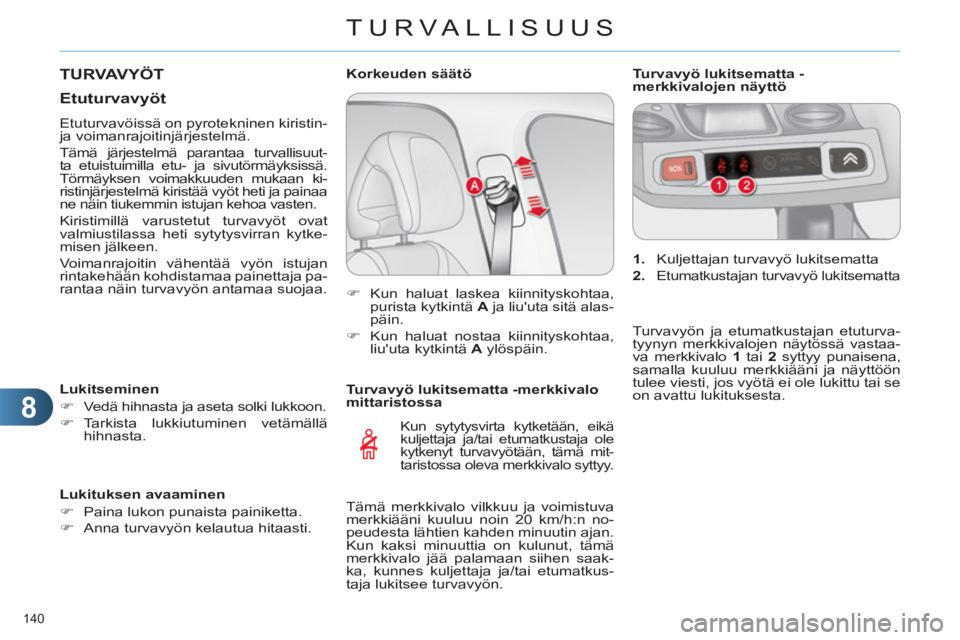 CITROEN C4 2013  Omistajan Käsikirjat (in Finnish) 8
TURVALLISUUS
140 
   
Turvavyö lukitsematta -merkkivalo 
mittaristossa 
  Kun sytytysvirta kytketään, eikä 
kuljettaja ja/tai etumatkustaja ole 
kytkenyt turvavyötään, tämä mit-
taristossa 