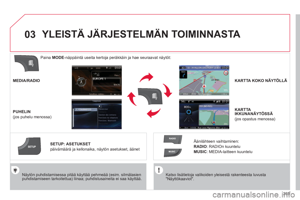 CITROEN C4 2013  Omistajan Käsikirjat (in Finnish) 235
03
   Katso lisätietoja valikoiden yleisestä rakenteesta luvusta "Näyttökaaviot".  
  
 
Näytön puhdistamisessa pitää käyttää pehmeää (esim. silmälasienpuhdistamiseen tarkoitettua) l