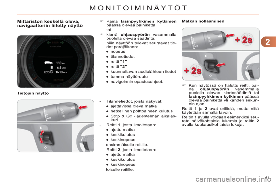 CITROEN C4 2013  Omistajan Käsikirjat (in Finnish) 2
MONITOIMINÄYTÖT
61 
   
 
 
 
 
Mittariston keskellä oleva,navigaattoriin liitetty näyttö 
 
 
 
-   Tilannetiedot, joista näkyvät: 
   
 
● 
  ajettavissa oleva matka 
   
● 
  hetkellin