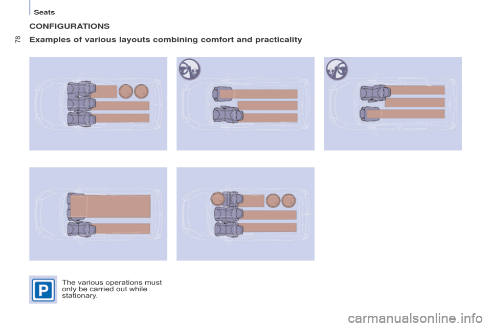 Citroen BERLINGO RHD 2017 2.G Owners Manual 78
Berlingo2VU_en_Chap04_Ergonomie_ed02-2016Berlingo2VU_en_Chap04_Ergonomie_ed02-2016
CONFIGURATIONS
Examples of various layouts combining comfort and practicality
The various operations must 
only be