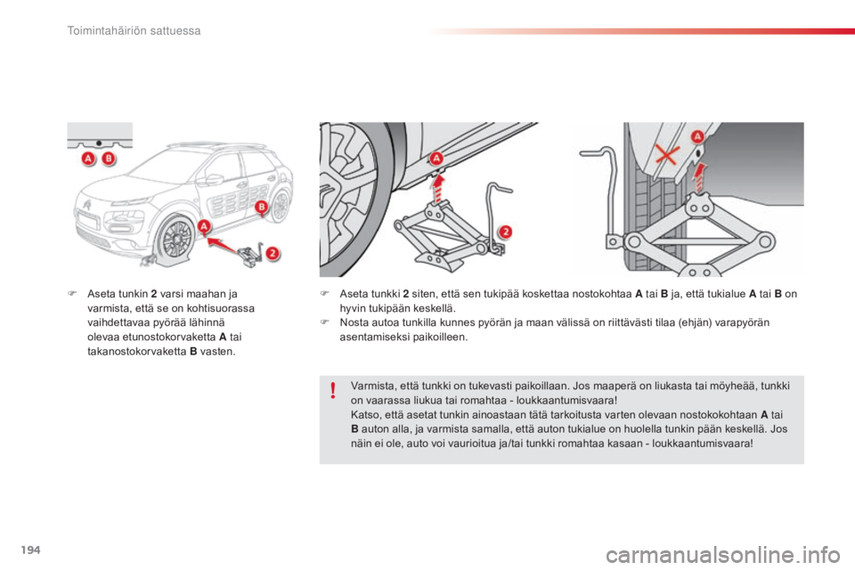 CITROEN C4 CACTUS 2018  Omistajan Käsikirjat (in Finnish) 194
C4-cactus_fi_Chap08_En-cas-de-panne_ed01-2016
F  aseta tunkin 2  varsi maahan ja 
varmista, että se on kohtisuorassa 
vaihdettavaa pyörää lähinnä 
olevaa etunostokorvaketta
  A tai 
takanost