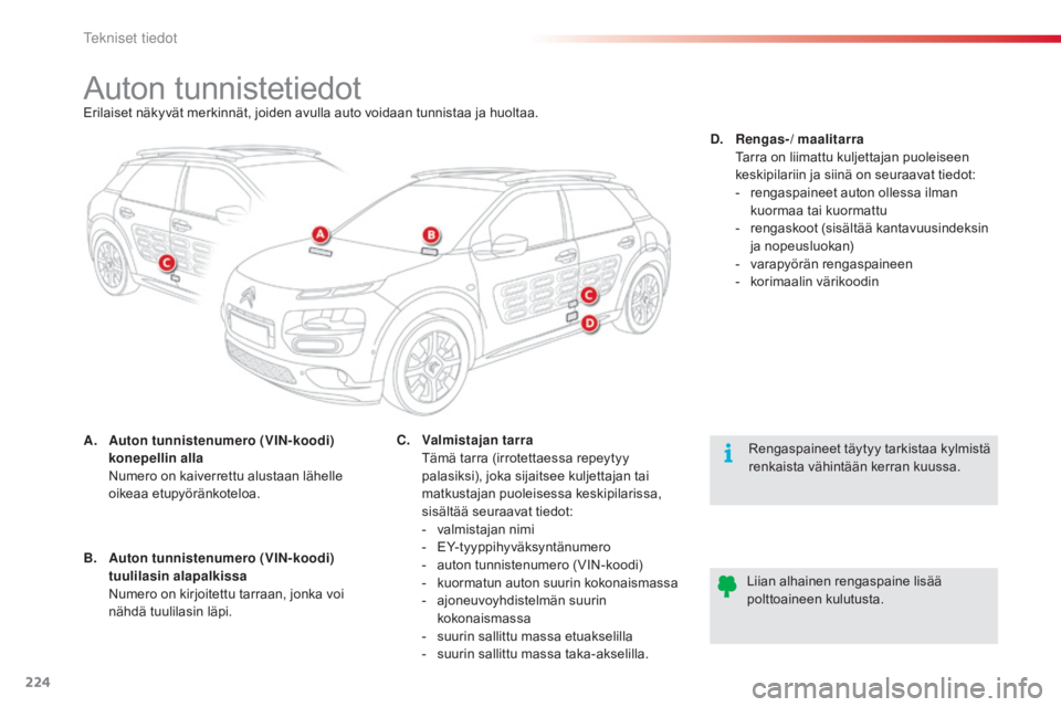 CITROEN C4 CACTUS 2018  Omistajan Käsikirjat (in Finnish) 224
C4-cactus_fi_Chap09_caracteristiques-techniques_ed01-2016
auton tunnistetiedotErilaiset näkyvät merkinnät, joiden avulla auto voidaan tunnistaa ja huoltaa.
A.
 A
uton tunnistenumero (VIN-koodi)