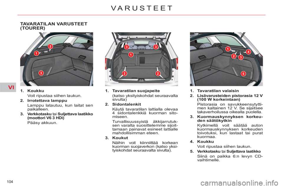 CITROEN C5 2012  Omistajan Käsikirjat (in Finnish) VI
104 
VARUSTEET
TAVARATILAN VARUSTEET(TOURER) 
   
 
1. 
  Koukku  
 
 
  Voit ripustaa siihen laukun. 
   
2. 
  Irrotettava lamppu 
 
 
  Lamppu latautuu, kun laitat sen 
paikalleen. 
   
3. 
  
V