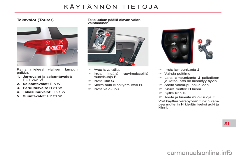 CITROEN C5 2012  Omistajan Käsikirjat (in Finnish) XI
189 
KÄYTÄNNÖN TIETOJA
   
Takaluukun päällä olevan valon 
vaihtaminen 
   
 
�) 
 Avaa tavaratila. 
   
�) 
 Irrota litteällä ruuvimeisselillä 
muovisuoja  F 
. 
   
�) 
  Irrota liitin  