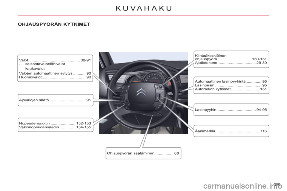 CITROEN C5 2012  Omistajan Käsikirjat (in Finnish) 329 
KUVAHAKU
  Valot .............................................. 88-91 
   
 
-  seisontavalot/lähivalot 
   
-  kaukovalot  
  Valojen automaattinen sytytys ........... 90 
  Huomiovalot........