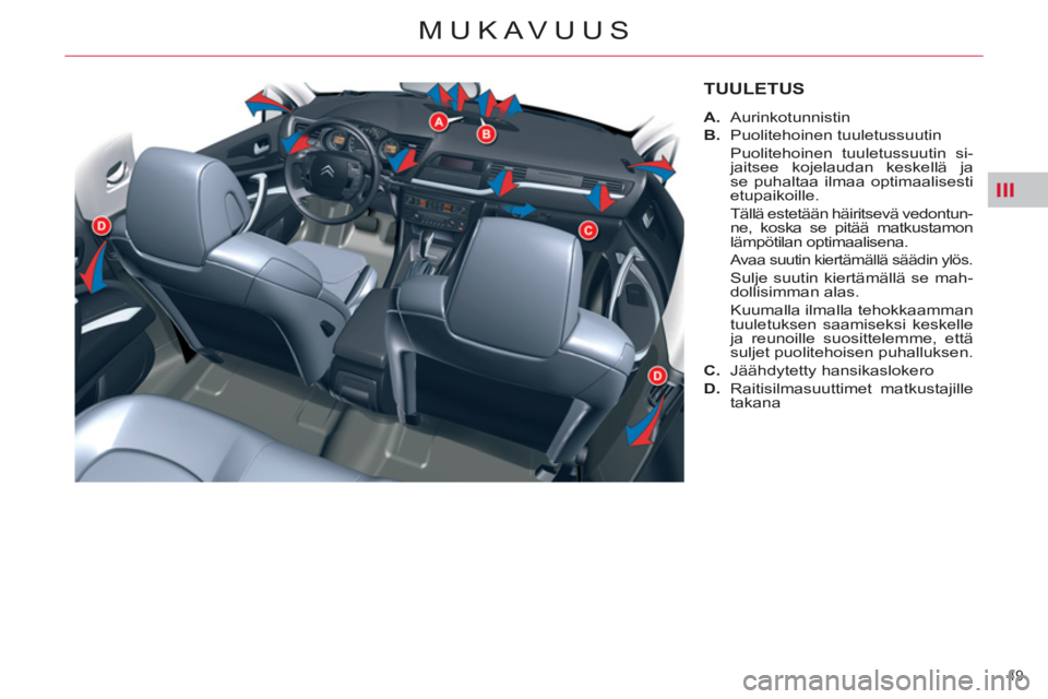 CITROEN C5 2012  Omistajan Käsikirjat (in Finnish) III
49 
MUKAVUUS
TUULETUS
   
 
A. 
 Aurinkotunnistin 
   
B. 
 Puolitehoinen tuuletussuutin  
  Puolitehoinen tuuletussuutin si-
jaitsee kojelaudan keskellä ja 
se puhaltaa ilmaa optimaalisesti 
etu