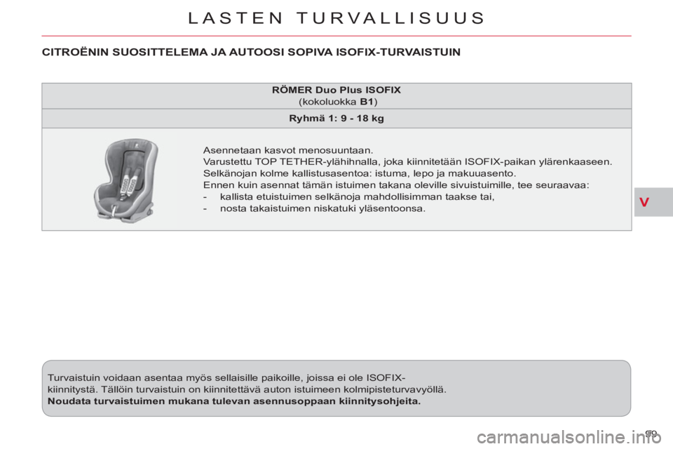 CITROEN C-CROSSER 2012  Omistajan Käsikirjat (in Finnish) V
LASTEN TURVALLISUUS
99    Turvaistuin voidaan asentaa myös sellaisille paikoille, joissa ei ole ISOFIX- 
  kiinnitystä. Tällöin turvaistuin on kiinnitettävä auton istuimeen kolmipisteturvavyö