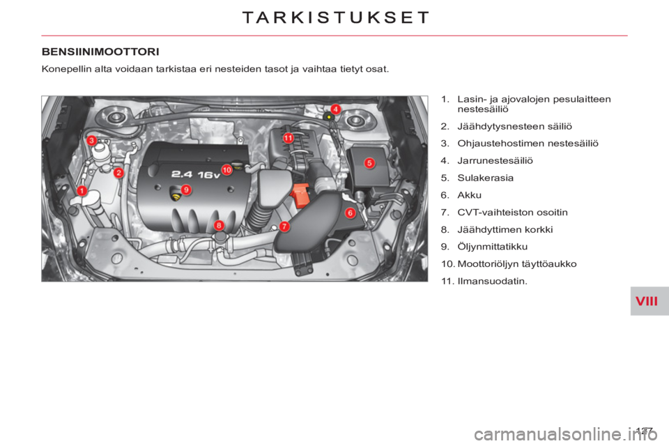 CITROEN C-CROSSER 2012  Omistajan Käsikirjat (in Finnish) VIII
127 
BENSIINIMOOTTORI
   
 
1.   Lasin- ja ajovalojen pesulaitteen 
nestesäiliö 
   
2.  Jäähdytysnesteen säiliö 
   
3.  Ohjaustehostimen nestesäiliö 
   
4.  Jarrunestesäiliö 
   
5. 