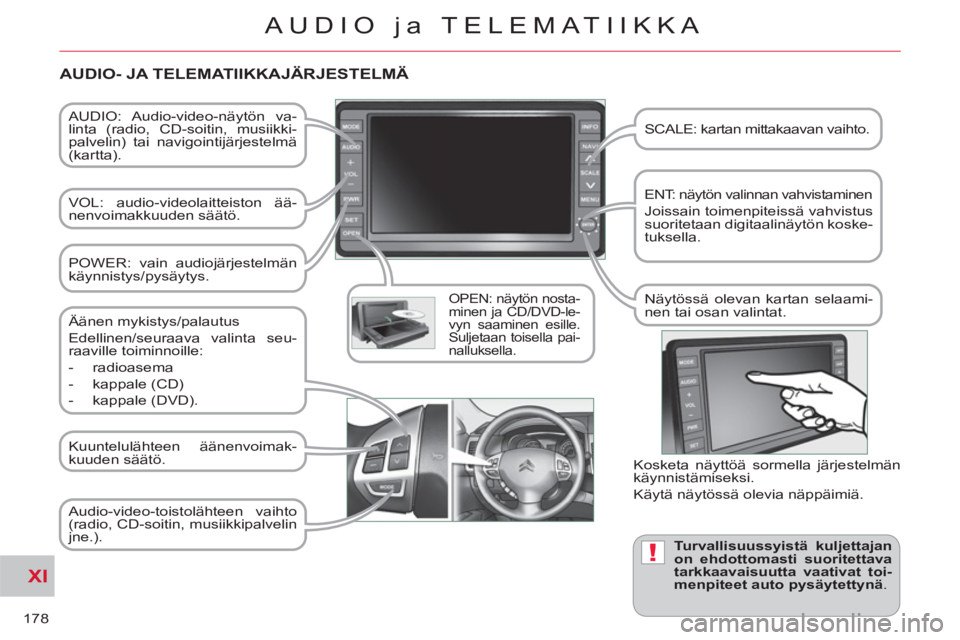 CITROEN C-CROSSER 2012 Omistajan Käsikirjat (in Finnish) XI
!
178
AUDIO ja TELEMATIIKKA
AUDIO: Audio-video-näytön va-
linta (radio, CD-soitin, musiikki-
palvelin) tai navigointijärjestelmä
(kartta)
.
VOL: audio-videolaitteiston ää-
nenvoim CITROEN C-CROSSER 2012 Omistajan Käsikirjat (in Finnish) XI
!
178
AUDIO ja TELEMATIIKKA
AUDIO: Audio-video-näytön va-
linta (radio, CD-soitin, musiikki-
palvelin) tai navigointijärjestelmä
(kartta)
.
VOL: audio-videolaitteiston ää-
nenvoim