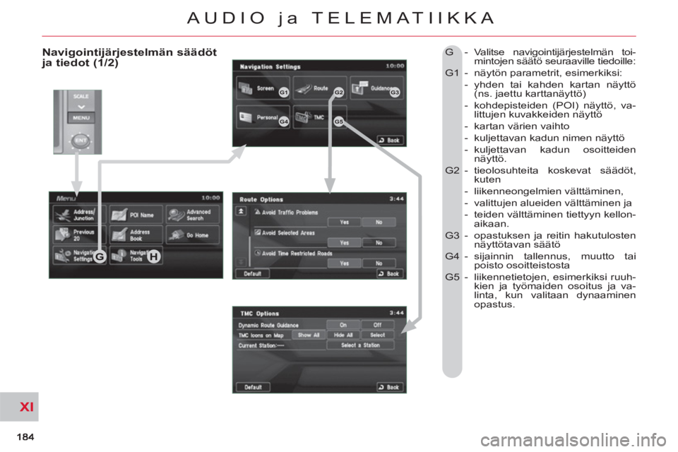 CITROEN C-CROSSER 2012  Omistajan Käsikirjat (in Finnish) XI
AUDIO ja TELEMATIIKKA
   
Navigointijärjestelmän säädöt ja tiedot (1/2) 
G  - Valitse navigointijärjestelmän toi-
mintojen säätö seuraaville tiedoille: 
  G1  -  näytön parametrit, esim