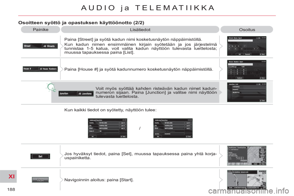 CITROEN C-CROSSER 2012  Omistajan Käsikirjat (in Finnish) XI
/
188
AUDIO ja TELEMATIIKKA
   
Osoitteen syöttö ja opastuksen käyttöönotto (2/2) 
 
Painike 
  Lisätiedot 
  Osoitus 
  Paina [Street] ja syötä kadun nimi kosketusnäytön näppäimistöll