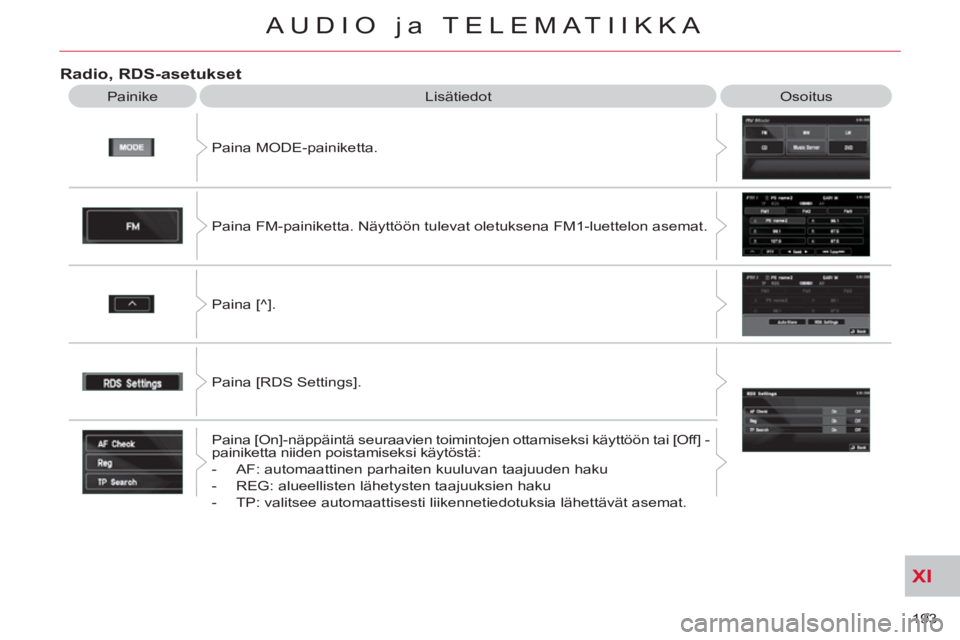 CITROEN C-CROSSER 2012  Omistajan Käsikirjat (in Finnish) XI
193 
AUDIO ja TELEMATIIKKA
Radio, RDS-asetukset
  Painike  Lisätiedot  Osoitus 
  Paina MODE-painiketta. 
  Paina FM-painiketta. Näyttöön tulevat oletuksena FM1-luettelon asemat. 
  Paina [^]. 
