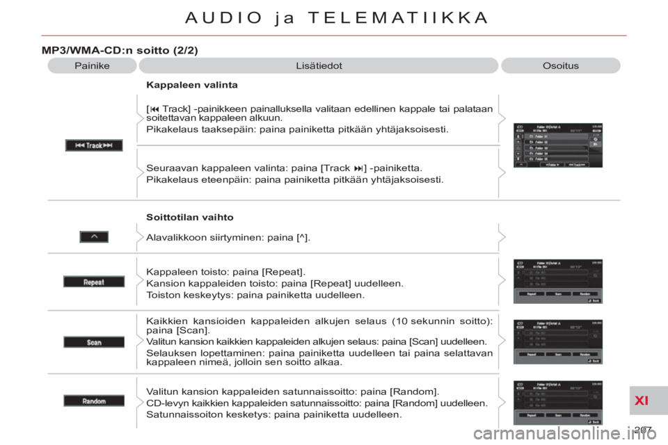 CITROEN C-CROSSER 2012  Omistajan Käsikirjat (in Finnish) XI
207 
AUDIO ja TELEMATIIKKA
   
Soittotilan vaihto    [ � 
 Track] -painikkeen painalluksella valitaan edellinen kappale tai palataan 
soitettavan kappaleen alkuun. 
  Pikakelaus taaksepäin: paina