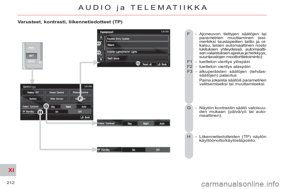 CITROEN C-CROSSER 2012  Omistajan Käsikirjat (in Finnish) XI
212
AUDIO ja TELEMATIIKKA
   Varusteet, kontrasti, liikennetiedotteet (TP)
 
F  - Ajoneuvon tiettyjen säätöjen tai 
parametrien muuttaminen (esi-
merkiksi taustapeilien taitto ja oi-
kaisu, lasi