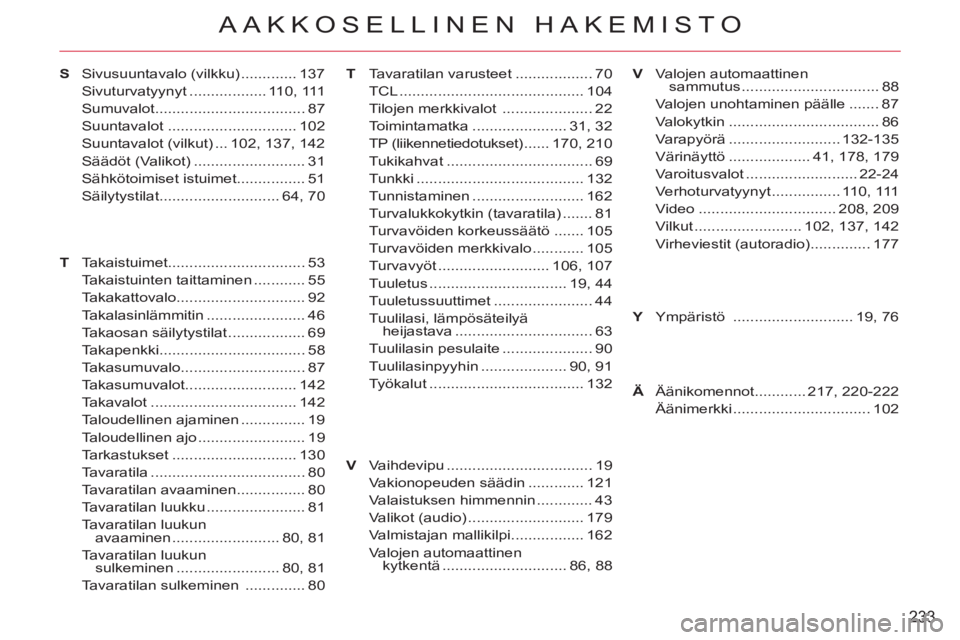 CITROEN C-CROSSER 2012  Omistajan Käsikirjat (in Finnish) 233
AAKKOSELLINEN HAKEMISTO
T
V Sivusuuntavalo (vilkku) ............. 137
Sivuturvatyynyt .................. 110,  111
Sumuvalot................................... 87
Suuntavalot .....................