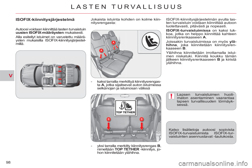 CITROEN C-CROSSER 2012 Omistajan Käsikirjat (in Finnish) V
!
LASTEN TURVALLISUUS
98
Lapsen turvaistuimen huoli-
maton asentaminen vaarantaa
lapsen turvallisuuden törmäyk-
sessä.
Katso lisätietoja autoosi sopivista
ISOFIX-turvaistuimista ISOFIX-tu CITROEN C-CROSSER 2012 Omistajan Käsikirjat (in Finnish) V
!
LASTEN TURVALLISUUS
98
Lapsen turvaistuimen huoli-
maton asentaminen vaarantaa
lapsen turvallisuuden törmäyk-
sessä.
Katso lisätietoja autoosi sopivista
ISOFIX-turvaistuimista ISOFIX-tu