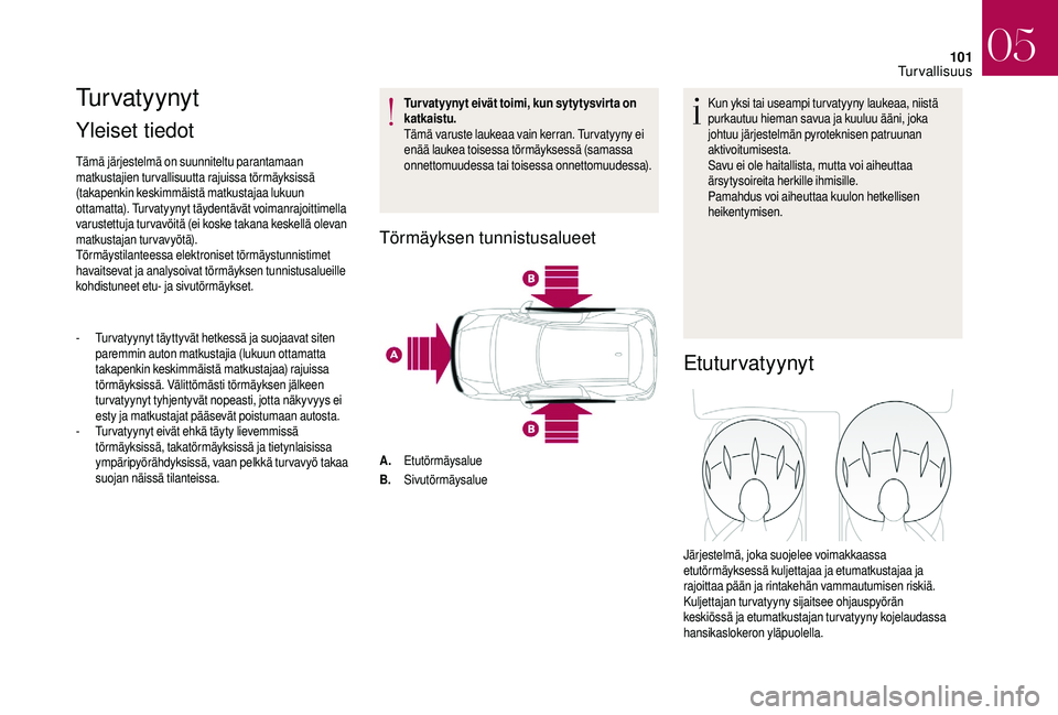 CITROEN DS3 2018 Omistajan Käsikirjat (in Finnish) 101
Tu r v a t y y n y t
Yleiset tiedot
Tämä järjestelmä on suunniteltu parantamaan
matkustajien turvallisuutta rajuissa törmäyksissä
(takapenkin keskimmäistä matkustajaa lukuun
ottamatta CITROEN DS3 2018 Omistajan Käsikirjat (in Finnish) 101
Tu r v a t y y n y t
Yleiset tiedot
Tämä järjestelmä on suunniteltu parantamaan
matkustajien turvallisuutta rajuissa törmäyksissä
(takapenkin keskimmäistä matkustajaa lukuun
ottamatta
