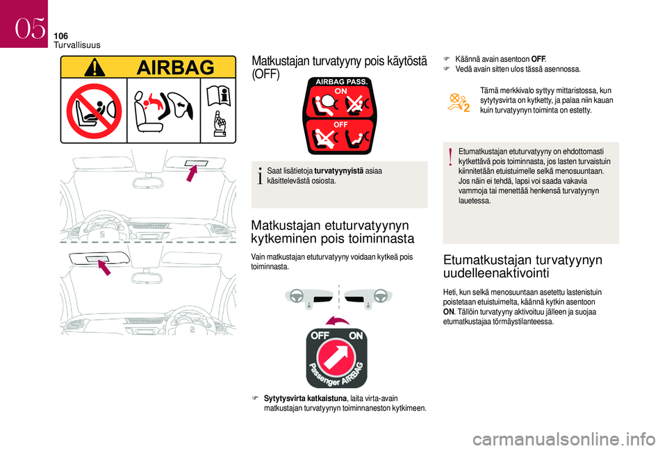 CITROEN DS3 2018 Omistajan Käsikirjat (in Finnish) 106
Saat lisätietoja tur vatyynyistä asiaa
käsittelevästä osiosta.
Matkustajan etuturvatyynyn
kytkeminen pois toiminnasta
Vain matkustajan etutur vatyyny voidaan kytkeä pois
toiminnasta. F
K CITROEN DS3 2018 Omistajan Käsikirjat (in Finnish) 106
Saat lisätietoja tur vatyynyistä asiaa
käsittelevästä osiosta.
Matkustajan etuturvatyynyn
kytkeminen pois toiminnasta
Vain matkustajan etutur vatyyny voidaan kytkeä pois
toiminnasta. F
K