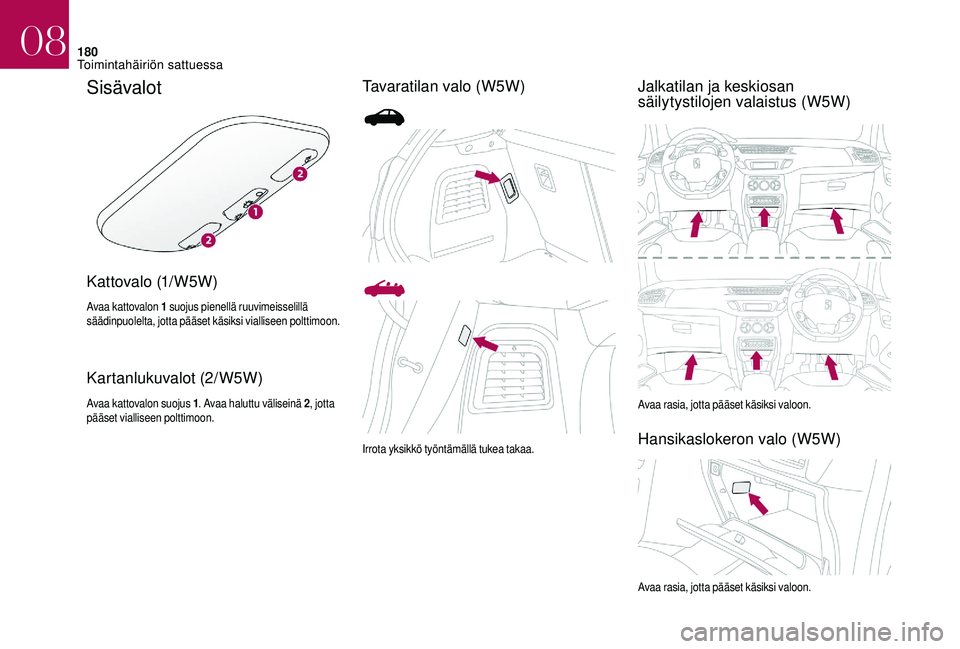 CITROEN DS3 2018  Omistajan Käsikirjat (in Finnish) 180
Sisävalot
K a t t ova l o  (1/ W 5 W )
Avaa kattovalon 1 suojus pienellä ruuvimeisselillä 
säädinpuolelta, jotta pääset käsiksi vialliseen polttimoon.
Kartanlukuvalot (2/W5W)
Avaa kattoval