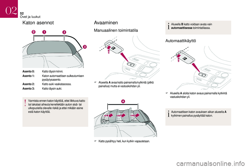 CITROEN DS3 2018  Omistajan Käsikirjat (in Finnish) 52
Katon asennot
Asento 0:Katto täysin kiinni.
Asento 1: Katon automaattisen sulkeutumisen 
pysäytysasento.
Asento 2: Katto auki vaakatasossa.
Asento 3: Katto täysin auki.
Varmista ennen katon käy