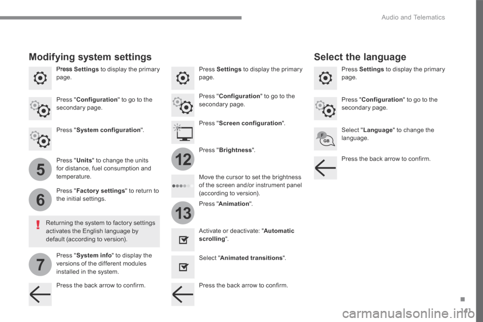 Citroen C3 2017 2.G Owners Manual 141
.
5
6
7
12
13
Audio and Telematics
Transversal-Citroen_en_Chap02_RCC-2-2-0_ed01-2016
Press Settings to display the primary page. Press Settings to display the primary page. Press Citroen C3 2017 2.G Owners Manual 141
.
5
6
7
12
13
Audio and Telematics
Transversal-Citroen_en_Chap02_RCC-2-2-0_ed01-2016
Press Settings to display the primary page. Press Settings to display the primary page. Press