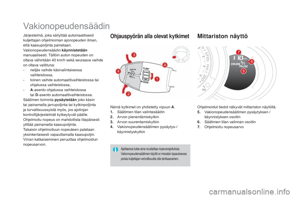 CITROEN DS3 2016  Omistajan Käsikirjat (in Finnish) DS3_fi_Chap04_conduite_ed01-2015
Vakionopeudensäädin
Järjestelmä, joka säilyttää automaattisesti 
kuljettajan ohjelmoiman ajonopeuden ilman, 
että kaasupoljinta painetaan.
Vakionopeudensäädi