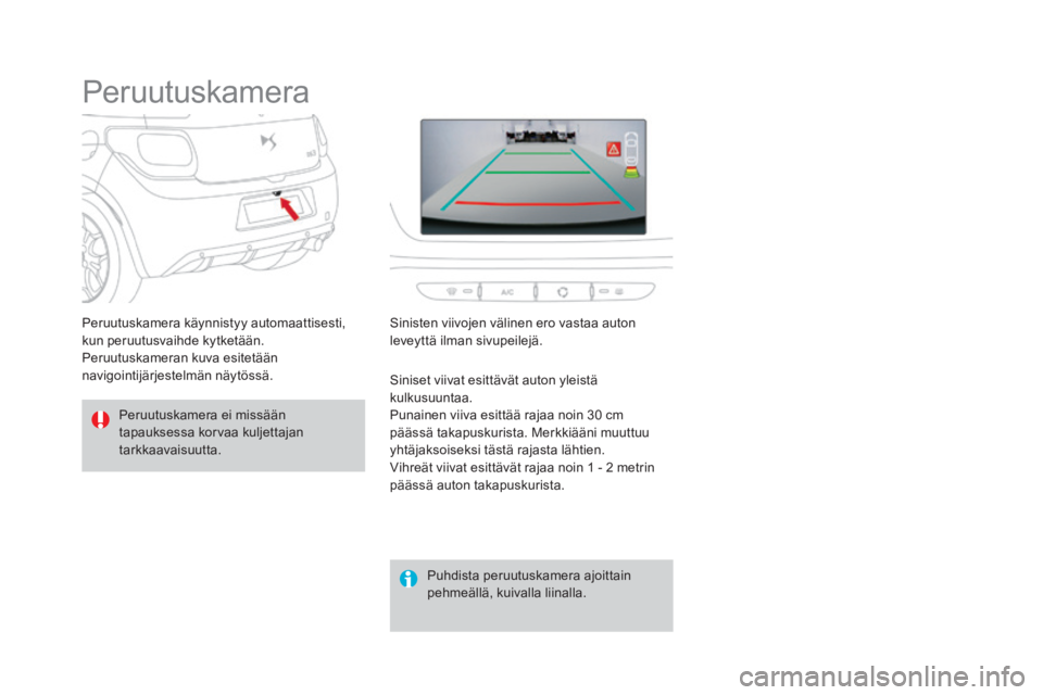 CITROEN DS3 2016  Omistajan Käsikirjat (in Finnish) DS3_fi_Chap04_conduite_ed01-2015
Peruutuskamera
Peruutuskamera ei missään 
tapauksessa korvaa kuljettajan 
tarkkaavaisuutta. Puhdista peruutuskamera ajoittain 
pehmeällä, kuivalla liinalla.
Peruut