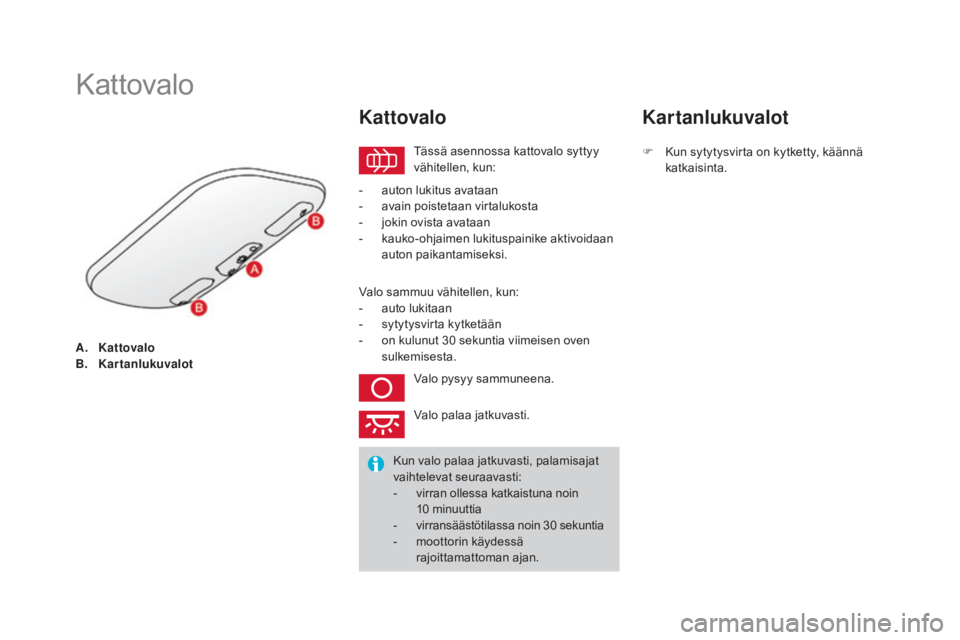 CITROEN DS3 2016  Omistajan Käsikirjat (in Finnish) DS3_fi_Chap05_visibilite_ed01-2015
A. Kattovalo
B. Kartanlukuvalot
Kattovalo
Tässä asennossa kattovalo syttyy 
vähitellen, kun:
Kattovalo
- auton lukitus avataan
- a vain poistetaan virtalukosta
-
