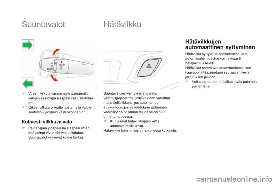 CITROEN DS3 2016  Omistajan Käsikirjat (in Finnish) Suuntavalot
F Vasen: vilkuta vasemmalle painamalla valojen säätövipu alaspäin vastuskohdan 
ohi.
F
 
O
 ikea: vilkuta oikealle nostamalla valojen 
säätövipu ylöspäin vastuskohdan ohi.
Kolmest