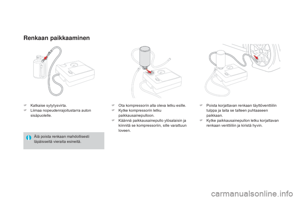 CITROEN DS3 2016  Omistajan Käsikirjat (in Finnish) DS3_fi_Chap08_info-pratiques_ed01-2015
F Katkaise sytytysvirta.
F L iimaa nopeudenrajoitustarra auton 
sisäpuolelle.
Renkaan paikkaaminen
Älä poista renkaan mahdollisesti 
läpäisseitä vieraita e