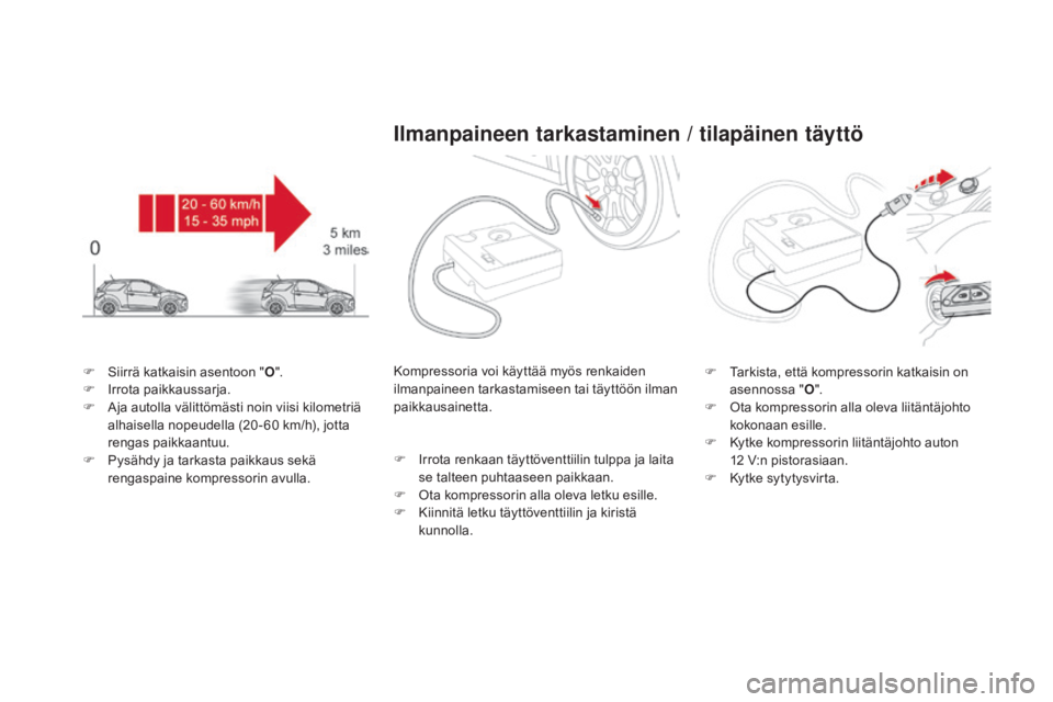CITROEN DS3 2016  Omistajan Käsikirjat (in Finnish) DS3_fi_Chap08_info-pratiques_ed01-2015
F Siirrä katkaisin asentoon "o".
F  I rrota paikkaussarja.
F
 
A
 ja autolla välittömästi noin viisi kilometriä 
alhaisella nopeudella (20 - 60 km/h